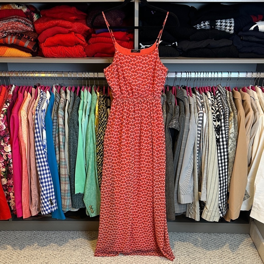 Dex coral/black/white print adjustable strap elastic waist lined maxi dress XS